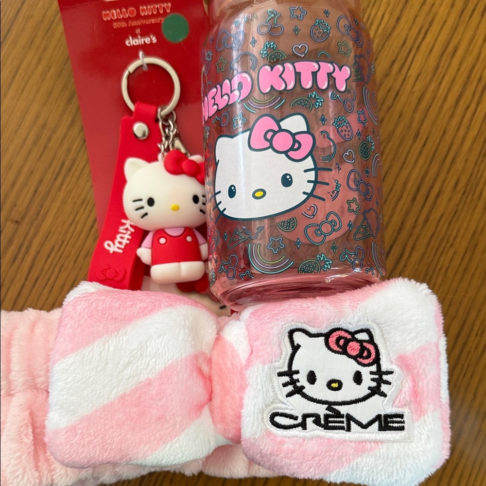 Hello Kitty Lot- Glass tumbler, head band, keychain
